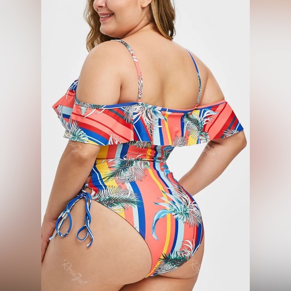 XOXO One Piece Swimsuit Coral Pink Stripe w/Palms Sz 2X - Picture 5 of 12